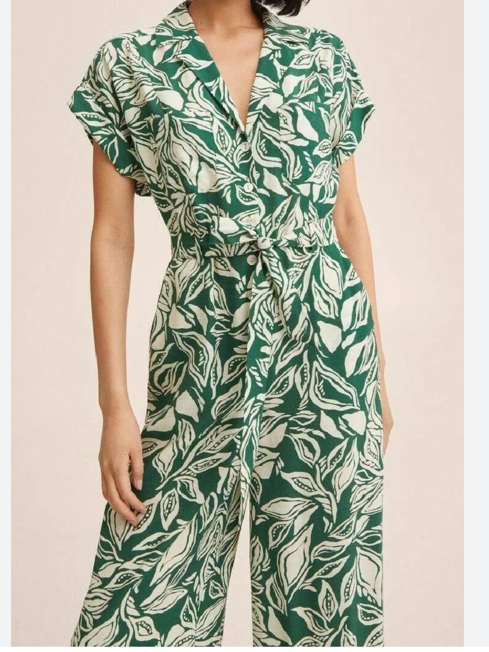 MANGO Leaf Printed Wide Leg Jumpsuit XL Green White Travel Summer Lightweight